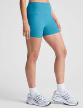 blue high-waisted 3" inseam biker shorts.